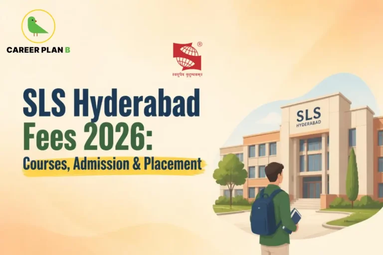 Educational infographic by Career Plan B titled "SLS Hyderabad Fees 2026: Courses, Admission & Placement". Top-left features the Career Plan B logo with a green bird inside a solid gold circular emblem with text below, alongside the Symbiosis institutional logo and text at the top center. Right side illustrates the SLS Hyderabad campus building with a student carrying a backpack and a book facing the entrance in the foreground.