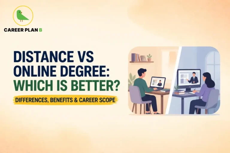 Distance vs online degree comparison showing differences, benefits, and career scope.