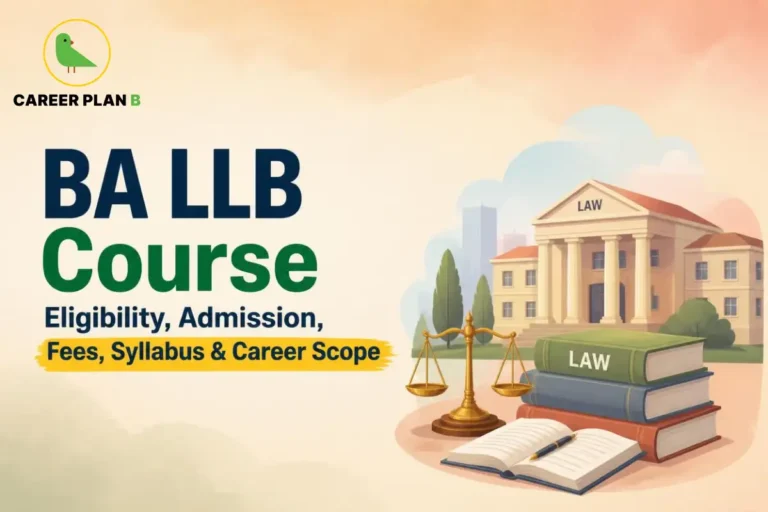 BA LLB course eligibility, admission, fees, syllabus and career scope with law books and courthouse illustration