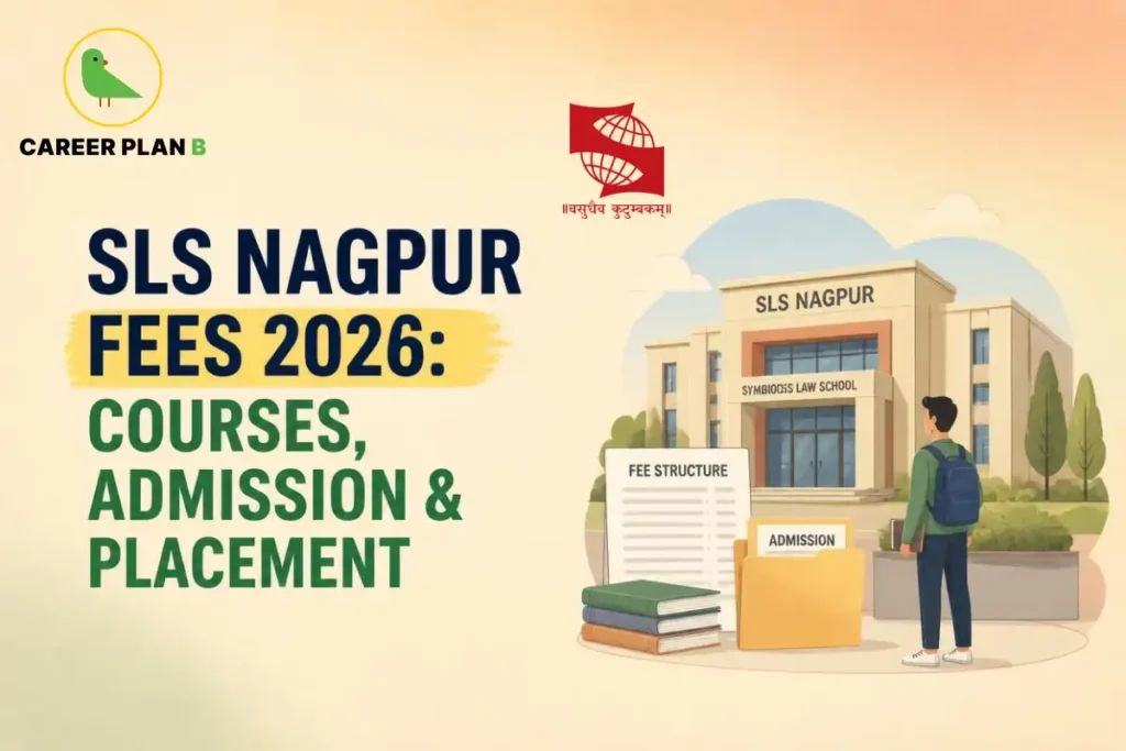 Educational infographic by Career Plan B titled "SLS NAGPUR FEES 2026: COURSES, ADMISSION & PLACEMENT". Top-left features the Career Plan B logo with a green bird inside a solid gold circular emblem with text below, alongside the Symbiosis institutional logo and text at the top center. Right side illustrates the SLS Nagpur campus building, a document labeled "FEE STRUCTURE", a folder labeled "ADMISSION", stacked books, and a student facing the entrance in the foreground.