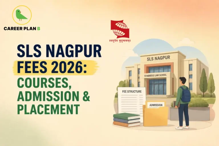 Educational infographic by Career Plan B titled "SLS NAGPUR FEES 2026: COURSES, ADMISSION & PLACEMENT". Top-left features the Career Plan B logo with a green bird inside a solid gold circular emblem with text below, alongside the Symbiosis institutional logo and text at the top center. Right side illustrates the SLS Nagpur campus building, a document labeled "FEE STRUCTURE", a folder labeled "ADMISSION", stacked books, and a student facing the entrance in the foreground.