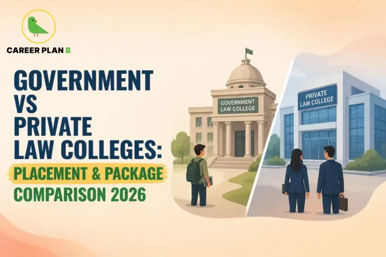 Educational infographic by Career Plan B titled "GOVERNMENT VS PRIVATE LAW COLLEGES: PLACEMENT & PACKAGE COMPARISON 2026". Top-left features the Career Plan B logo with a green bird inside a solid gold circular emblem with text below. Right side illustrates a comparative split view featuring a traditional government law college building with a student in the foreground, alongside a modern private law college building with two professionals in the foreground.