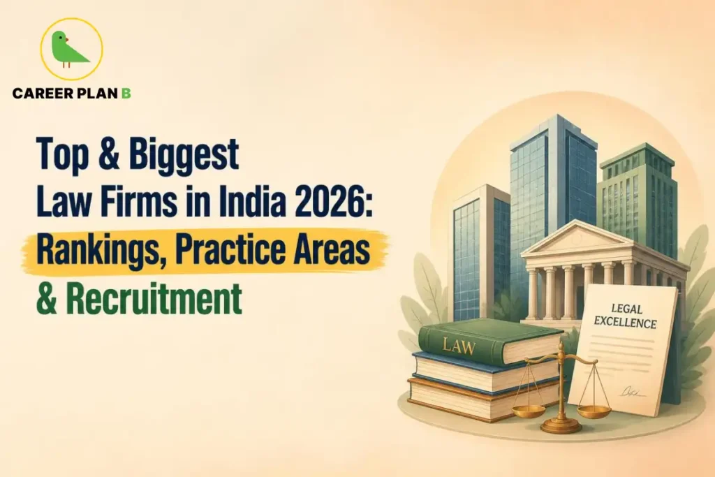 Educational infographic by Career Plan B titled "Top & Biggest Law Firms in India 2026: Rankings, Practice Areas & Recruitment". Top-left features the Career Plan B logo with a green bird inside a solid gold circular emblem with text below. Right side illustrates modern corporate skyscrapers and a classical building facade in the background, with stacked books labeled "LAW", a pair of scales of justice, and a document labeled "LEGAL EXCELLENCE" in the foreground.
