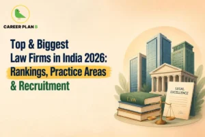 Educational infographic by Career Plan B titled "Top & Biggest Law Firms in India 2026: Rankings, Practice Areas & Recruitment". Top-left features the Career Plan B logo with a green bird inside a solid gold circular emblem with text below. Right side illustrates modern corporate skyscrapers and a classical building facade in the background, with stacked books labeled "LAW", a pair of scales of justice, and a document labeled "LEGAL EXCELLENCE" in the foreground.