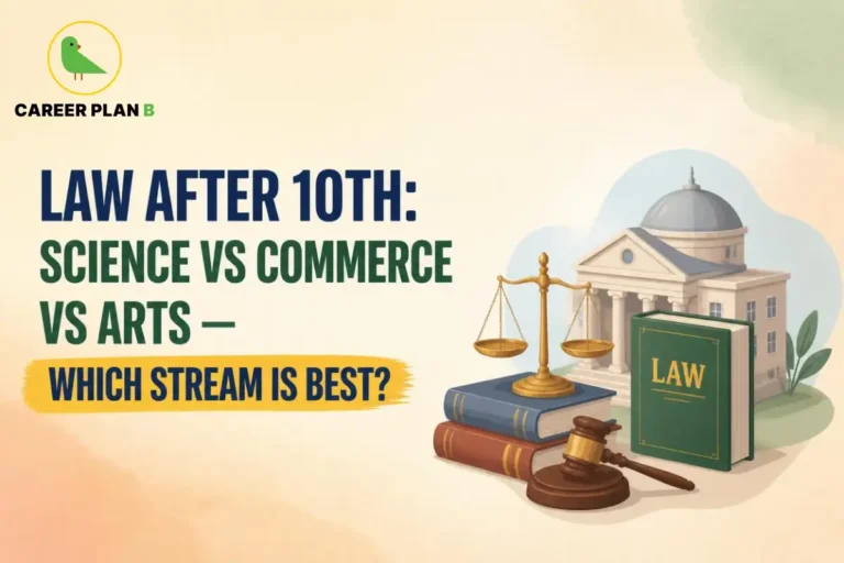 Educational infographic by Career Plan B titled "LAW AFTER 10TH: SCIENCE VS COMMERCE VS ARTS — WHICH STREAM IS BEST?". Top-left features the Career Plan B logo with a green bird inside a solid gold circular emblem with text below. Right side illustrates stacked books with a standing book labeled "LAW", a pair of scales of justice, a gavel in the foreground, and a courthouse building in the background.