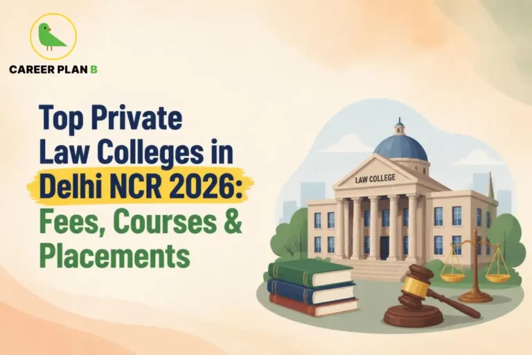 Educational infographic by Career Plan B titled "Top Private Law Colleges in Delhi NCR 2026: Fees, Courses & Placements". Top-left features the Career Plan B logo with a green bird inside a solid gold circular emblem with text below. Right side illustrates a law college building in the background, with stacked books, a gavel, and a pair of scales of justice in the foreground.
