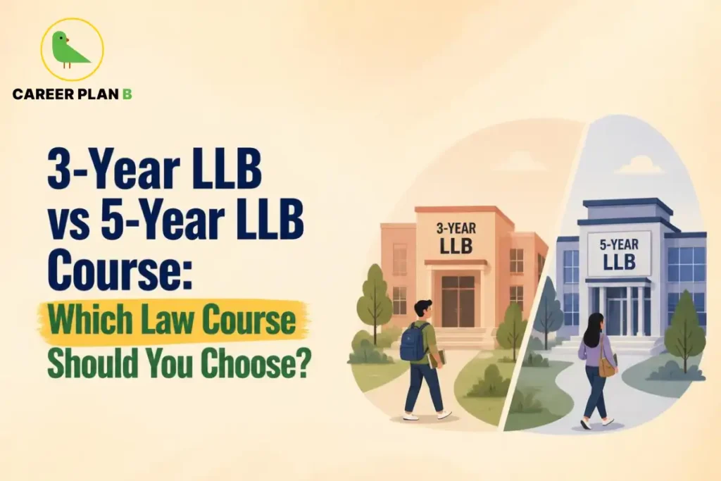 Educational infographic by Career Plan B titled "3-Year LLB vs 5-Year LLB Course: Which Law Course Should You Choose?". Top-left features the Career Plan B logo with a green bird inside a solid gold circular emblem with text below. Right side illustrates a split-screen view featuring a 3-Year LLB college building with a student walking in the foreground, alongside a 5-Year LLB college building with a student walking towards the entrance in the foreground.