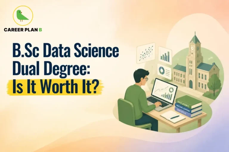 B.Sc Data Science dual degree with a student analyzing data science charts on a laptop.