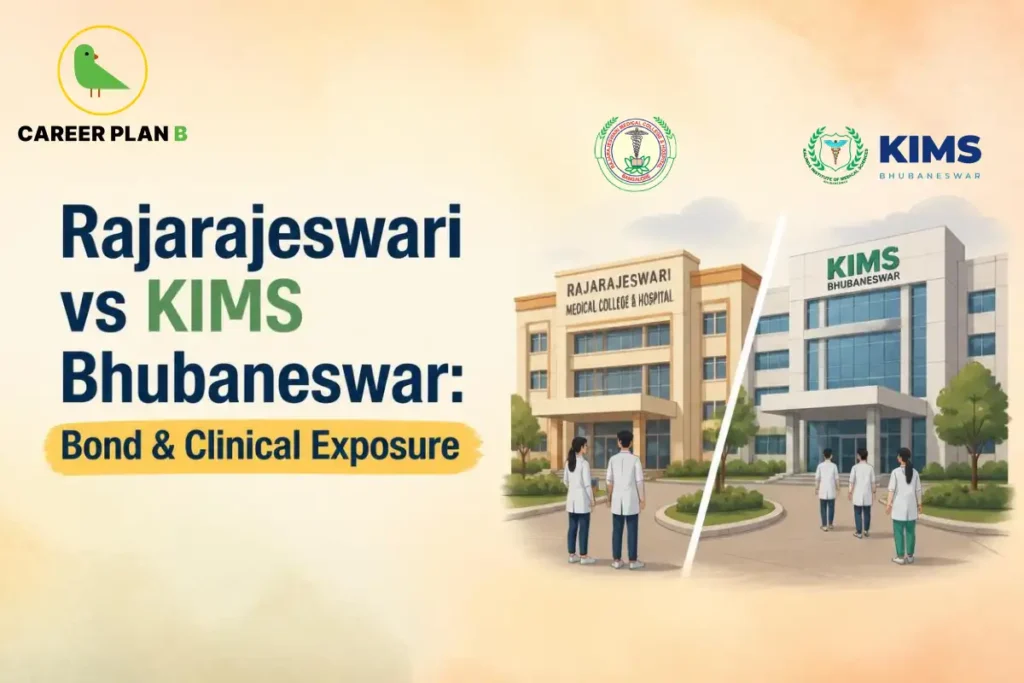 Educational infographic by Career Plan B titled "Rajarajeswari vs KIMS Bhubaneswar: Bond & Clinical Exposure". Top-left features the Career Plan B logo with a green bird inside a solid gold circular emblem with text below, alongside the institutional seals and logos of Rajarajeswari Medical College and KIMS Bhubaneswar at the top center. Right side illustrates a comparative split view featuring the Rajarajeswari Medical College campus building with medical professionals in the foreground, alongside the KIMS Bhubaneswar campus building with medical professionals walking towards the entrance in the foreground.
