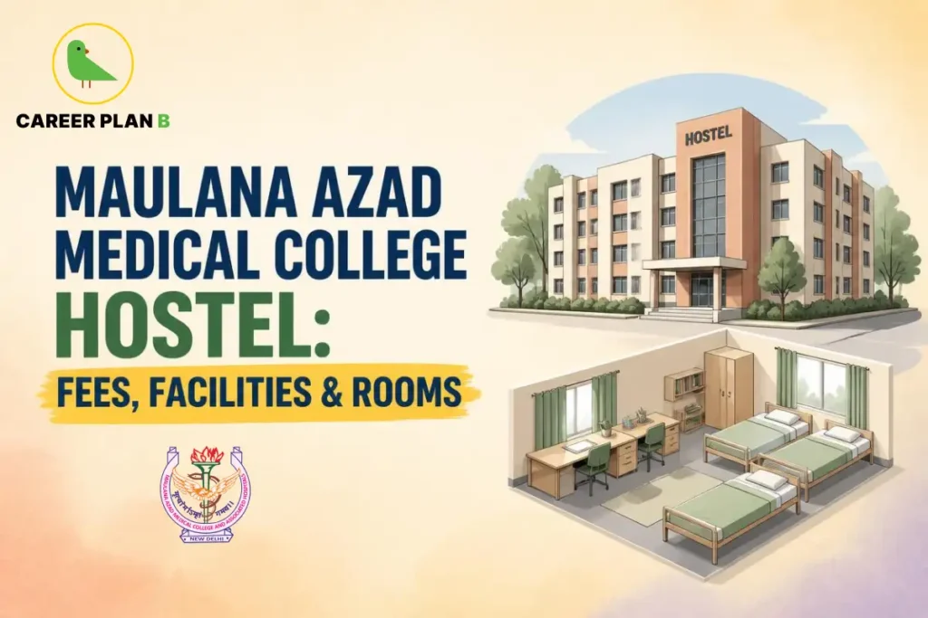 Educational infographic by Career Plan B titled "MAULANA AZAD MEDICAL COLLEGE HOSTEL: FEES, FACILITIES & ROOMS". Top-left features the Career Plan B logo with a green bird inside a solid gold circular emblem with text below, alongside the Maulana Azad Medical College institutional seal at the bottom center. Right side illustrates an exterior view of the hostel building in the background, with an interior cutaway section showing furnished student rooms with study desks and beds in the foreground.
