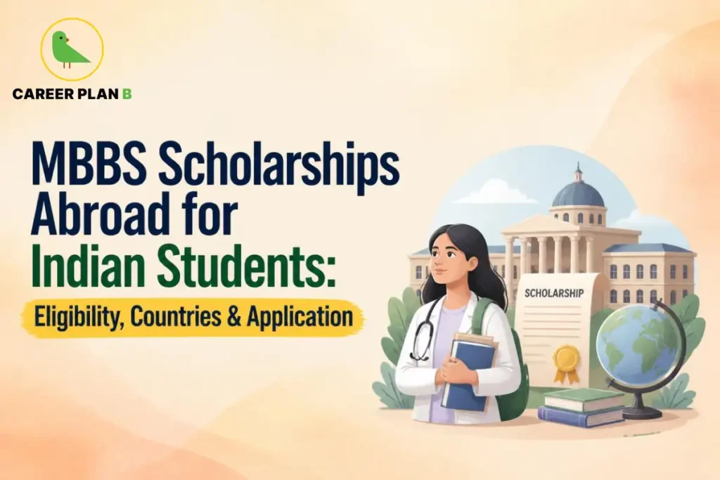 Educational infographic by Career Plan B titled "MBBS Scholarships Abroad for Indian Students: Eligibility, Countries & Application". Top-left features the Career Plan B logo with a green bird inside a solid gold circular emblem with text below. Right side illustrates a university building in the background, with a female medical student holding books and a stethoscope, alongside a "SCHOLARSHIP" certificate with a gold seal, stacked books, and a globe in the foreground.