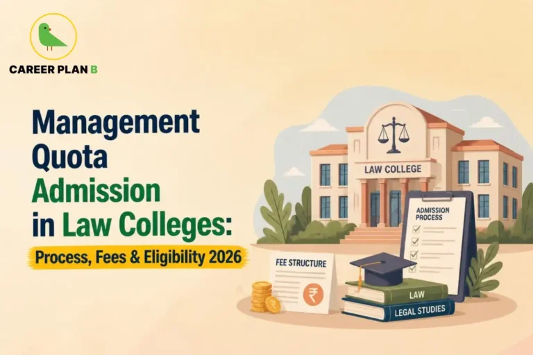 Educational infographic by Career Plan B titled "Management Quota Admission in Law Colleges: Process, Fees & Eligibility 2026". Top-left features the Career Plan B logo with a green bird inside a solid gold circular emblem with text below. Right side illustrates a law college building in the background, with a "FEE STRUCTURE" document with rupee symbols, stacked coins, an "ADMISSION PROCESS" clipboard, and stacked books labeled "LAW" and "LEGAL STUDIES" topped with a graduation cap in the foreground.