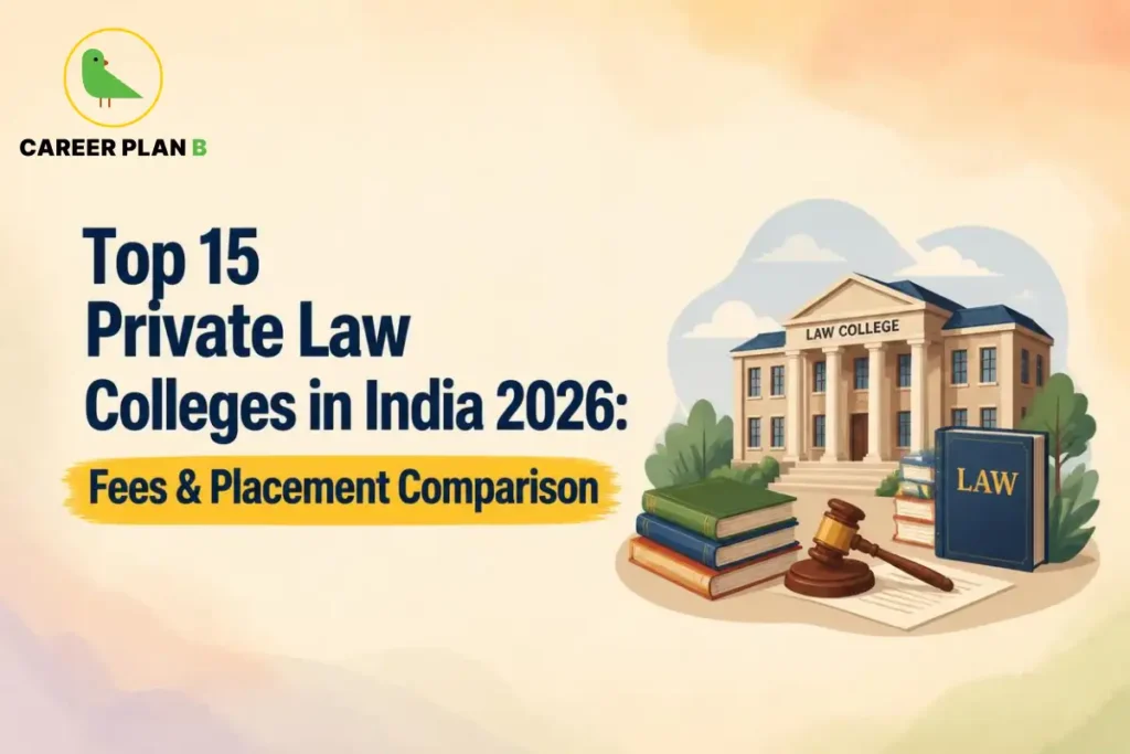 Educational infographic by Career Plan B titled "Top 15 Private Law Colleges in India 2026: Fees & Placement Comparison". Top-left features the Career Plan B logo with a green bird inside a solid gold circular emblem with text below. Right side illustrates a law college campus building in the background, with stacked books, a legal gavel resting on papers, and a standing book labeled "LAW" in the foreground.