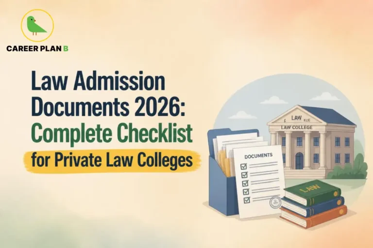 Educational infographic by Career Plan B titled "Law Admission Documents 2026: Complete Checklist for Private Law Colleges". Top-left features the Career Plan B logo with a green bird inside a solid gold circular emblem with text below. Right side illustrates a law college campus building in the background, with an open document holder containing a checklist labeled "DOCUMENTS" and stacked books labeled "LAW" in the foreground.