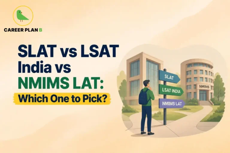 Educational infographic by Career Plan B titled "SLAT vs LSAT India vs NMIMS LAT: Which One to Pick?". Top-left features the Career Plan B logo with a green bird inside a solid gold circular emblem with text below. Right side illustrates a student standing before university buildings and a signpost pointing toward "SLAT", "LSAT INDIA", and "NMIMS LAT".