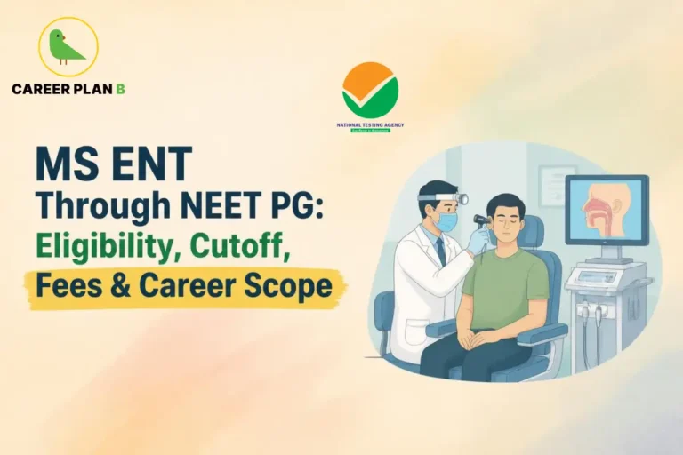 Educational infographic by Career Plan B titled "MS ENT Through NEET PG: Eligibility, Cutoff, Fees & Career Scope". Top-left features the Career Plan B logo with a green bird inside a solid gold circular emblem with text below, alongside a testing agency logo at the top center. Right side illustrates an ENT specialist examining a seated patient's ear with an otoscope in a clinic setting, with a medical monitor displaying an ear and throat anatomical diagram in the background.