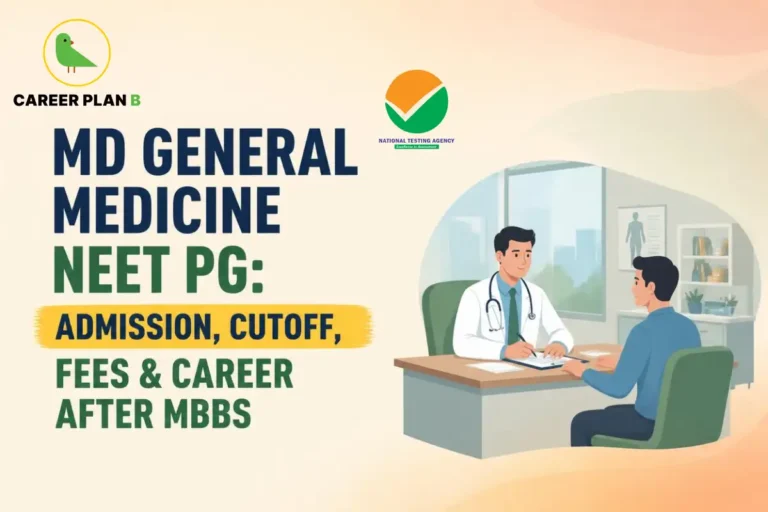 Educational infographic by Career Plan B titled "MD GENERAL MEDICINE NEET PG: ADMISSION, CUTOFF, FEES & CAREER AFTER MBBS". Top-left features the Career Plan B logo with a green bird inside a solid gold circular emblem with text below, alongside a testing agency logo at the top center. Right side illustrates a doctor seated at a desk consulting a patient in a clinic or hospital office setting.