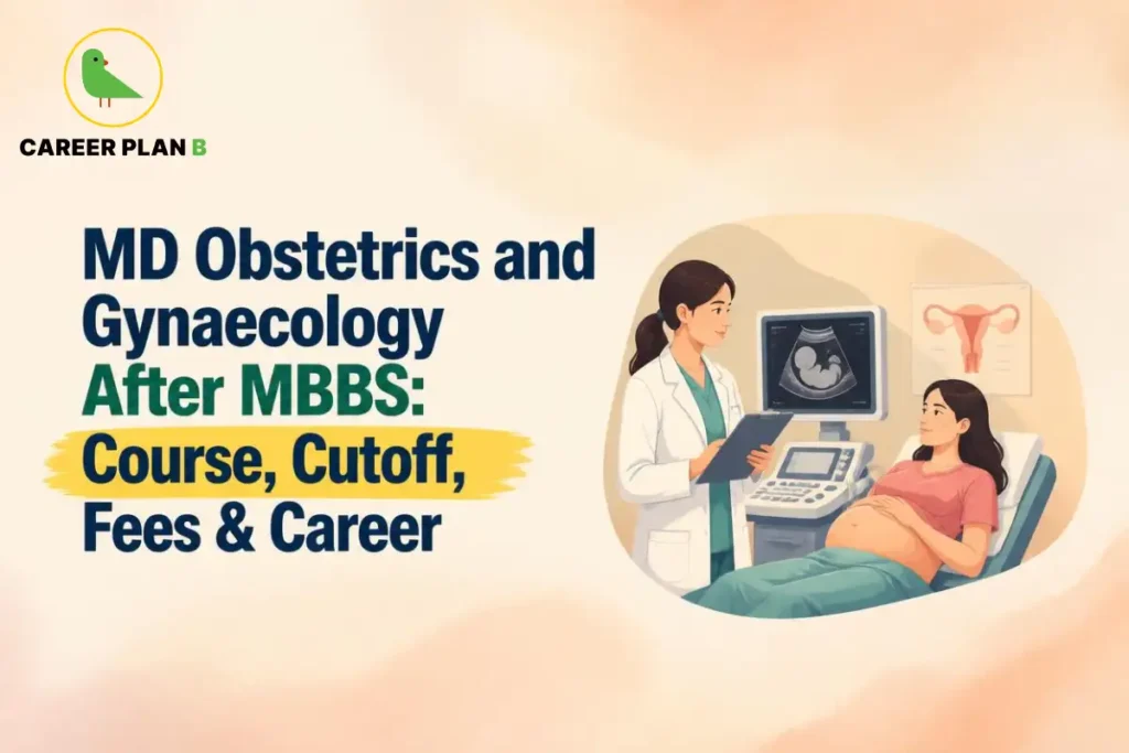 Educational infographic by Career Plan B titled "MD Obstetrics and Gynaecology After MBBS: Course, Cutoff, Fees & Career". Top-left features the Career Plan B logo with a green bird inside a solid gold circular emblem with text below. Right side illustrates a gynaecologist holding a chart while examining a pregnant patient undergoing an ultrasound scan in a clinic setting.