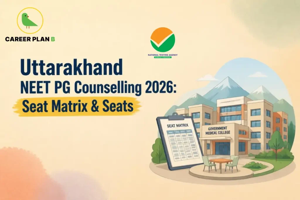 Educational infographic by Career Plan B titled "Uttarakhand NEET PG Counselling 2026: Seat Matrix & Seats". Top-left features the Career Plan B logo with a green bird inside a solid gold circular emblem with text below, alongside a testing agency logo at the top center. Right side illustrates a government medical college campus building in the background with mountains, alongside a large clipboard labeled "SEAT MATRIX" in the foreground.