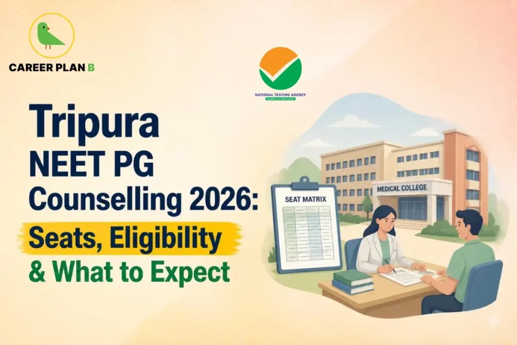 Educational infographic by Career Plan B titled "Tripura NEET PG Counselling 2026: Seats, Eligibility & What to Expect". Top-left features the Career Plan B logo with a green bird inside a solid gold circular emblem with text below, alongside a testing agency logo at the top center. Right side illustrates a medical college building in the background, with a medical counselor seated at a desk reviewing documents with a candidate and a "SEAT MATRIX" clipboard in the foreground.