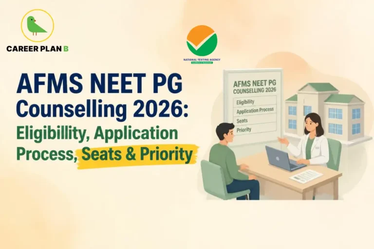 Educational infographic by Career Plan B titled "AFMS NEET PG Counselling 2026: Eligibillity, Application Process, Seats & Priority". Top-left features the Career Plan B logo with a green bird inside a solid gold circular emblem with text below, alongside a testing agency logo at the top center. Right side illustrates a counseling session with a candidate seated across a desk from an official, with a backdrop banner reading "AFMS NEET PG COUNSELLING 2026" detailing "Eligibility", "Application Process", "Seats", and "Priority".