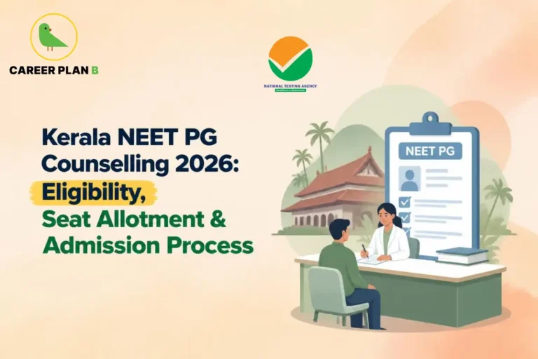 Educational infographic by Career Plan B titled "Kerala NEET PG Counselling 2026: Eligibility, Seat Allotment & Admission Process". Top-left features the Career Plan B logo with a green bird inside a solid gold circular emblem with text below, alongside a testing agency logo at the top center. Right side illustrates a traditional Kerala-style building backdrop with a candidate seated at a desk across from a counselor, with a large "NEET PG" application clipboard in the background.