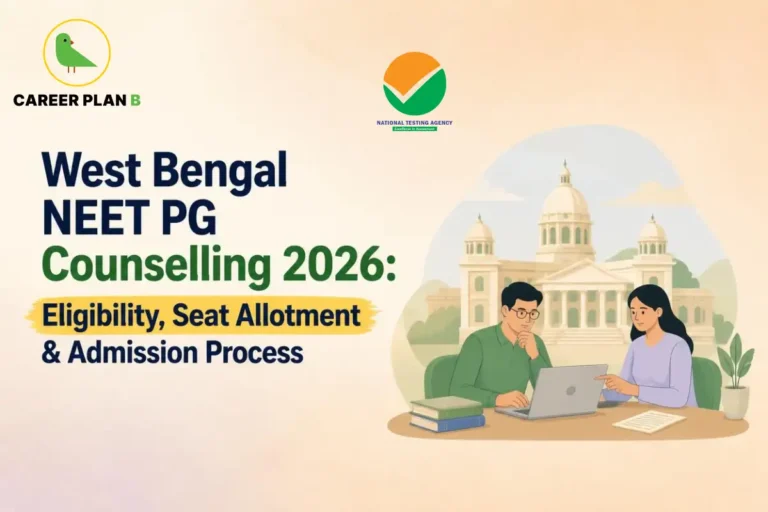 Educational infographic by Career Plan B titled "West Bengal NEET PG Counselling 2026: Eligibility, Seat Allotment & Admission Process". Top-left features the Career Plan B logo with a green bird inside a solid gold circular emblem with text below, alongside a testing agency logo at the top center. Right side illustrates a classical architectural building backdrop with a candidate and counselor seated at a desk reviewing documents and working on a laptop in the foreground.