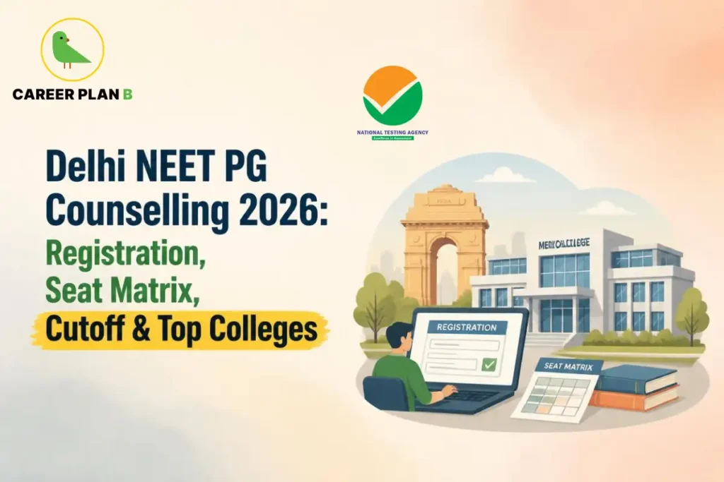 Educational infographic by Career Plan B titled "Delhi NEET PG Counselling 2026: Registration, Seat Matrix, Cutoff & Top Colleges". Top-left features the Career Plan B logo with a green bird inside a solid gold circular emblem with text below, alongside a testing agency logo at the top center. Right side illustrates the India Gate monument and a medical college building backdrop, with a candidate seated at a laptop completing registration alongside a "SEAT MATRIX" sheet and stacked books in the foreground.