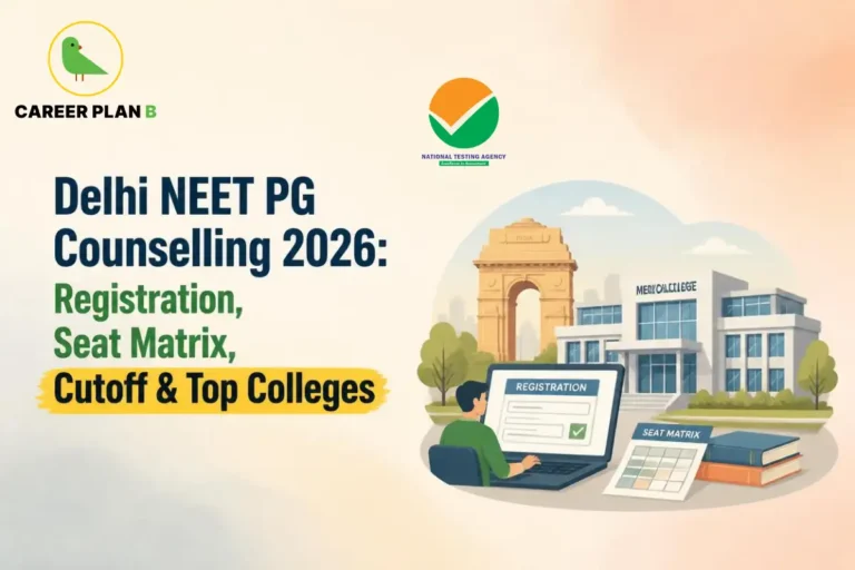 Educational infographic by Career Plan B titled "Delhi NEET PG Counselling 2026: Registration, Seat Matrix, Cutoff & Top Colleges". Top-left features the Career Plan B logo with a green bird inside a solid gold circular emblem with text below, alongside a testing agency logo at the top center. Right side illustrates the India Gate monument and a medical college building backdrop, with a candidate seated at a laptop completing registration alongside a "SEAT MATRIX" sheet and stacked books in the foreground.