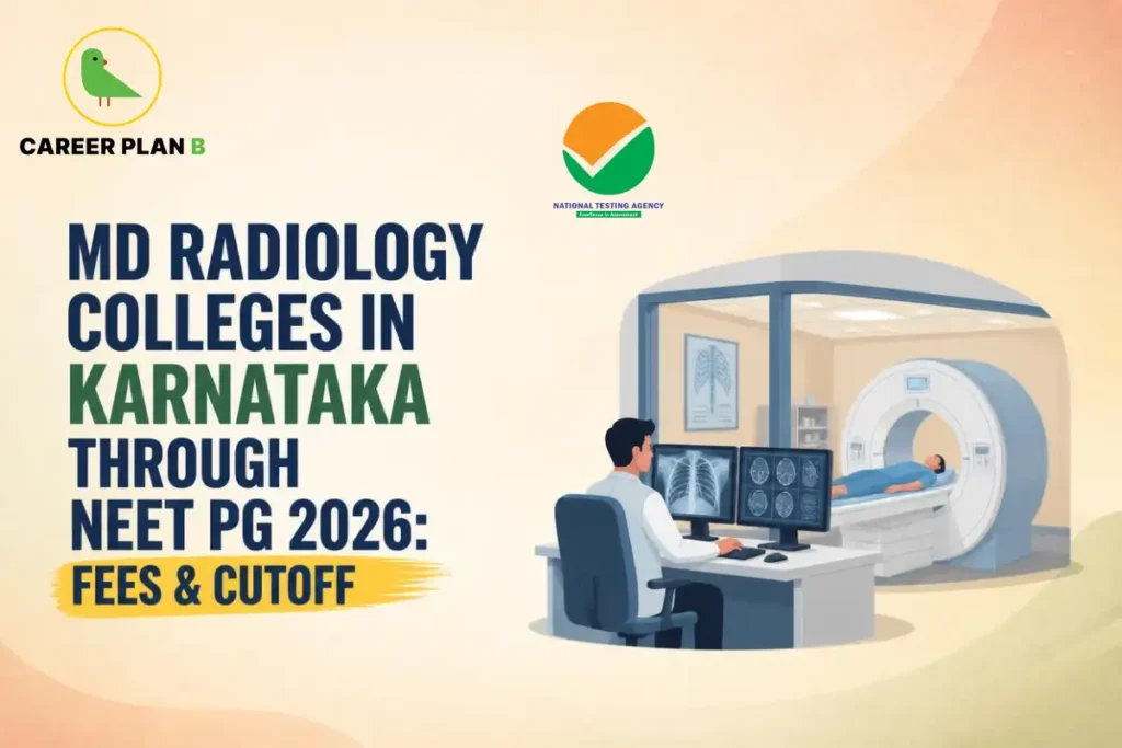 Educational infographic by Career Plan B titled "MD RADIOLOGY COLLEGES IN KARNATAKA THROUGH NEET PG 2026: FEES & CUTOFF". Top-left features the Career Plan B logo with a green bird inside a solid gold circular emblem with text below, alongside a testing agency logo at the top center. Right side illustrates a medical professional seated at a desk reviewing diagnostic imaging on dual monitors, with an MRI scanner and patient in the background hospital room.