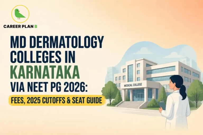 Educational infographic by Career Plan B titled "MD DERMATOLOGY COLLEGES IN KARNATAKA VIA NEET PG 2026: FEES, 2025 CUTOFFS & SEAT GUIDE". Top-left features the Career Plan B logo with a green bird inside a solid gold circular emblem with text below. Right side illustrates a medical college building in the background, with a female medical professional holding a chart in the foreground facing the institution.
