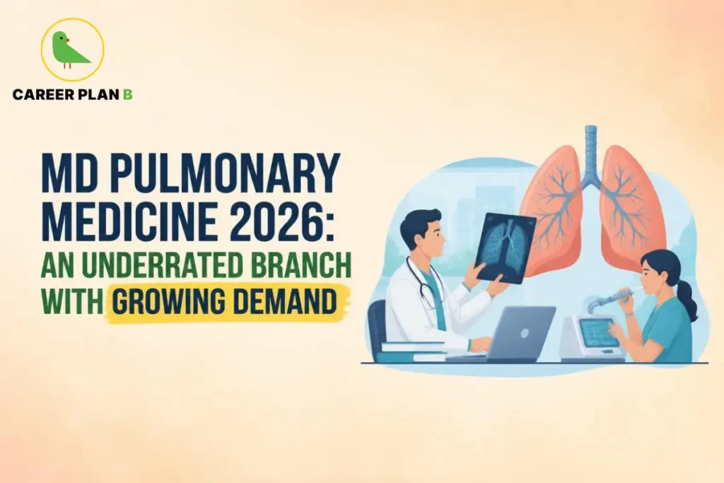 Educational infographic by Career Plan B titled "MD PULMONARY MEDICINE 2026: AN UNDERRATED BRANCH WITH GROWING DEMAND". Top-left features the Career Plan B logo with a green bird inside a solid gold circular emblem with text below. Right side illustrates a medical professional examining an X-ray film next to a large anatomical lung illustration, with a colleague working on medical equipment and a laptop at a desk in the foreground.