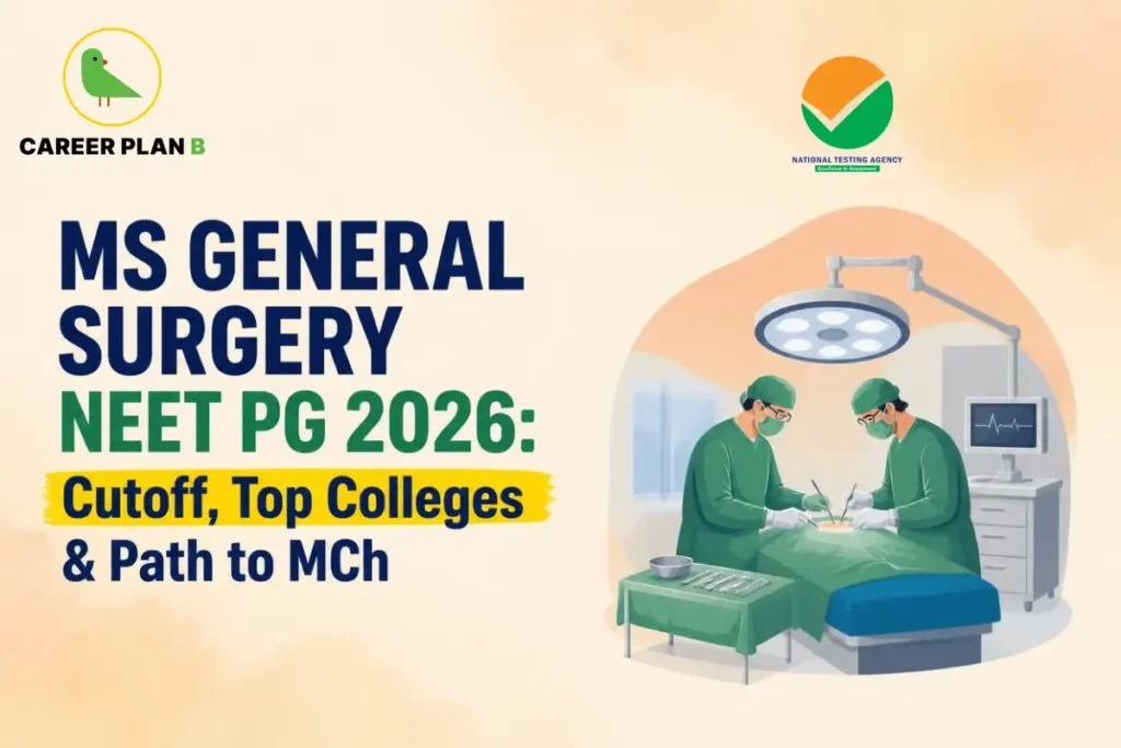 Educational infographic by Career Plan B titled "MS GENERAL SURGERY NEET PG 2026: Cutoff, Top Colleges & Path to MCh". Top-left features the Career Plan B logo with a green bird inside a solid gold circular emblem with text below, alongside a testing agency logo at the top center. Right side illustrates surgeons performing an operation in an operating theater under surgical lights, with a medical monitor and instrument trolley in the background.