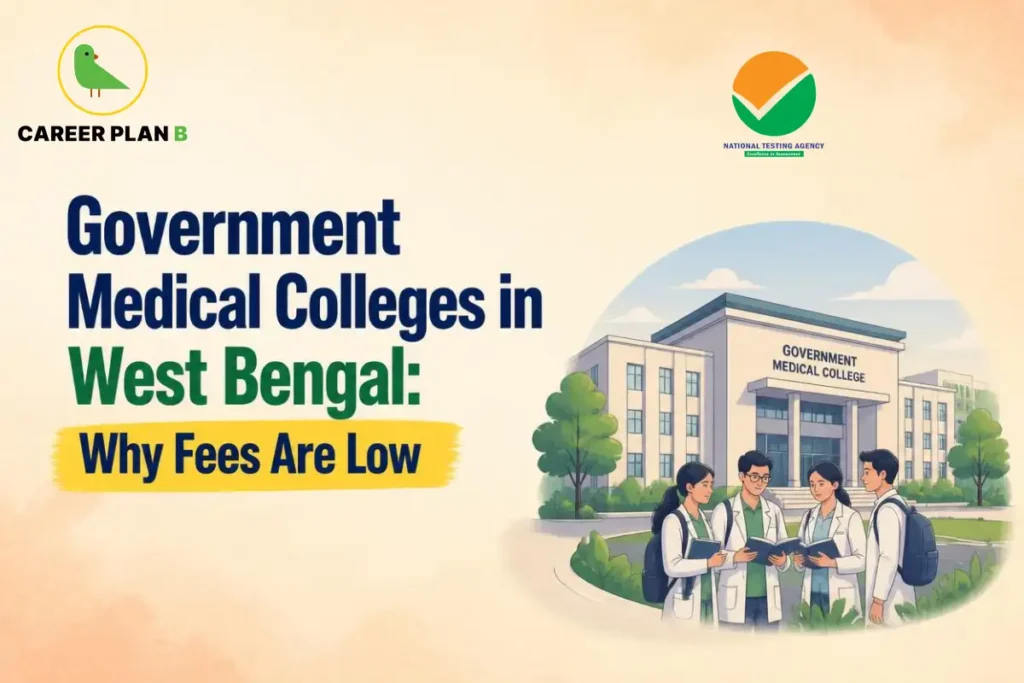 Educational infographic by Career Plan B titled "Government Medical Colleges in West Bengal: Why Fees Are Low". Top-left features the Career Plan B logo with a green bird inside a solid gold circular emblem with text below, alongside a testing agency logo at the top center. Right side illustrates a government medical college building backdrop, with a group of medical students standing outside holding books in the foreground.