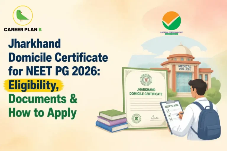 Educational infographic by Career Plan B titled "Jharkhand Domicile Certificate for NEET PG 2026: Eligibility, Documents & How to Apply". Top-left features the Career Plan B logo with a green bird inside a solid gold circular emblem with text below, alongside a testing agency logo at the top center. Right side illustrates a medical college building in the background, with a student carrying a backpack viewing a framed "JHARKHAND DOMICILE CERTIFICATE" document and a "NEET PG 2026" checklist form next to stacked books in the foreground.