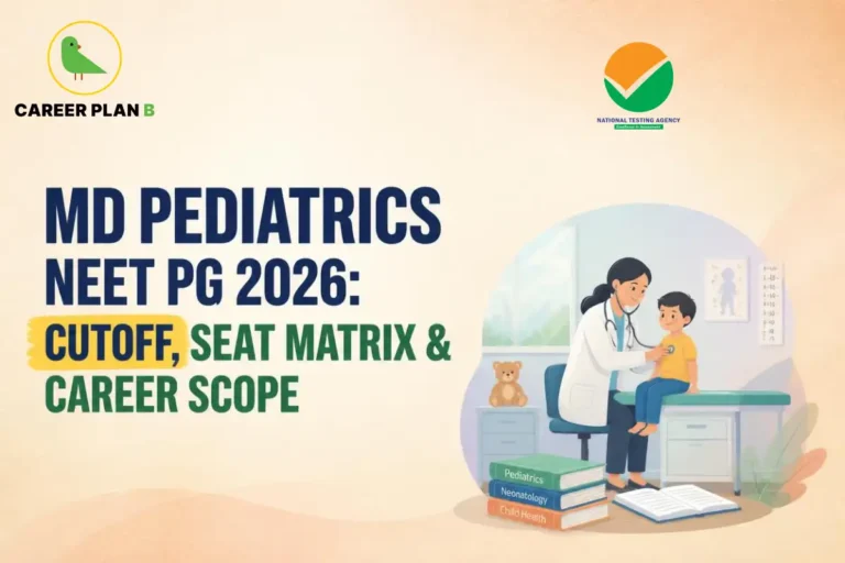Educational infographic by Career Plan B titled "MD PEDIATRICS NEET PG 2026: CUTOFF, SEAT MATRIX & CAREER SCOPE". Top-left features the Career Plan B logo with a green bird inside a solid gold circular emblem with text below, alongside a testing agency logo at the top center. Right side illustrates a pediatrician examining a child patient with a stethoscope in a clinic setting, with stacked medical books and a teddy bear in the foreground.
