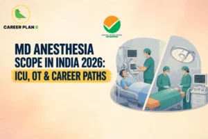 Educational infographic by Career Plan B titled "MD ANESTHESIA SCOPE IN INDIA 2026: ICU, OT & CAREER PATHS". Top-left features the Career Plan B logo with a green bird inside a solid gold circular emblem with text below, alongside a testing agency logo at the top center. Right side illustrates medical professionals working in a hospital setting with split panels showing a patient in an ICU ward with monitors and surgeons operating in an operating theater.