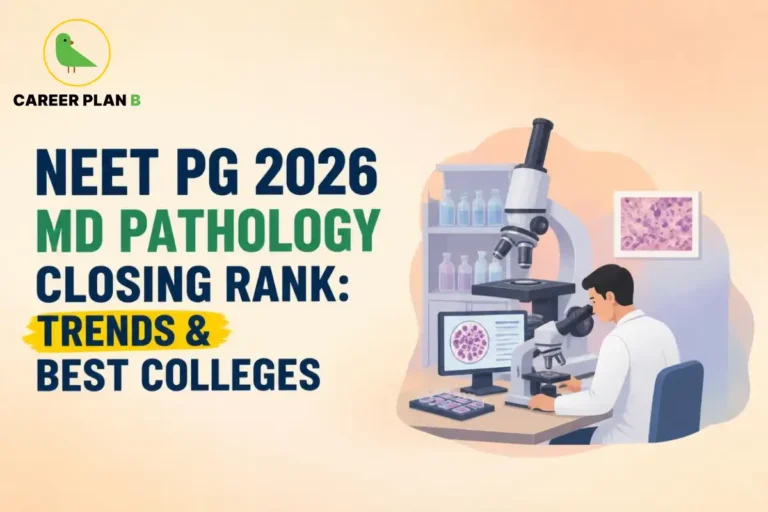 Educational infographic by Career Plan B titled "NEET PG 2026 MD PATHOLOGY CLOSING RANK: TRENDS & BEST COLLEGES". Top-left features the Career Plan B logo with a green bird inside a solid gold circular emblem with text below. Right side illustrates a pathologist working with a microscope and computer monitor showing cellular slides in a laboratory setting, with chemical shelves and a framed slide picture in the background.
