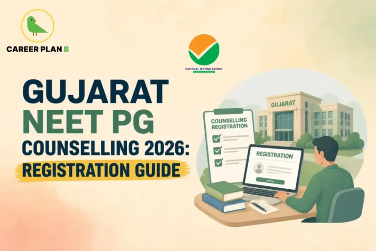 Educational infographic by Career Plan B titled "GUJARAT NEET PG COUNSELLING 2026: REGISTRATION GUIDE". Top-left features the Career Plan B logo with a green bird inside a solid gold circular emblem with text below, alongside a testing agency logo at the top center. Right side illustrates a medical college building backdrop, with a candidate seated at a desk operating a laptop for online registration next to a "COUNSELLING REGISTRATION" document and stacked books.