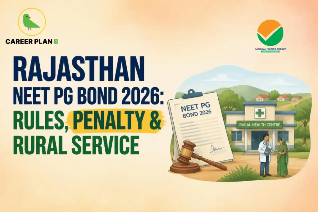 Educational infographic by Career Plan B titled "RAJASTHAN NEET PG BOND 2026: RULES, PENALTY & RURAL SERVICE". Top-left features the Career Plan B logo with a green bird inside a solid gold circular emblem with text below, alongside a testing agency logo at the top center. Right side illustrates a rural health centre building in the background, with a "NEET PG BOND 2026" document, a wooden gavel, and medical staff interacting with a patient outside in the foreground.