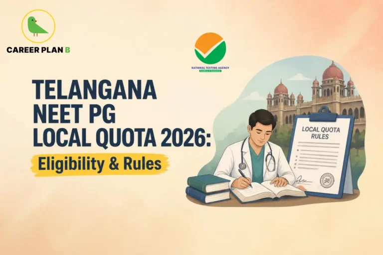 Educational infographic by Career Plan B titled "TELANGANA NEET PG LOCAL QUOTA 2026: Eligibility & Rules". Top-left features the Career Plan B logo with a green bird inside a solid gold circular emblem with text below, alongside a testing agency logo at the top center. Right side illustrates a prominent government building in the background, with a doctor studying an open book at a desk next to a framed "LOCAL QUOTA RULES" document in the foreground.