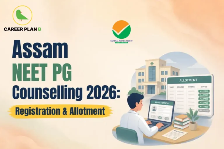 Educational infographic by Career Plan B titled "Assam NEET PG Counselling 2026: Registration & Allotment". Top-left features the Career Plan B logo with a green bird inside a solid gold circular emblem with text below, alongside a testing agency logo at the top center. Right side illustrates a medical college building in the background, with a candidate seated at a desk operating a laptop for online registration next to an "ALLOTMENT" result sheet display and stacked books in the foreground.