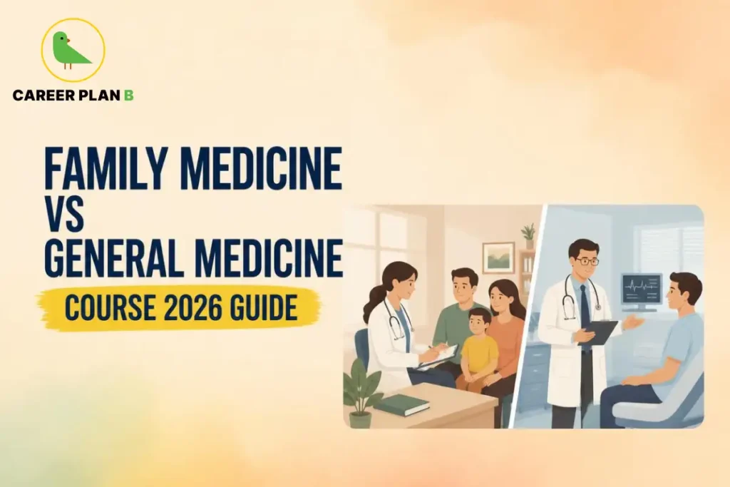 Educational infographic by Career Plan B titled "FAMILY MEDICINE VS GENERAL MEDICINE COURSE 2026 GUIDE". Top-left features the Career Plan B logo with a green bird inside a solid gold circular emblem with text below. Right side illustrates a split-panel comparison: the left panel shows a family physician consulting with a family in a clinic setting, while the right panel shows a general medicine doctor examining a patient in a hospital room.