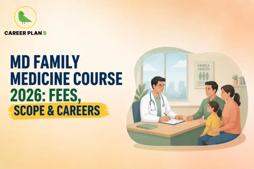 Educational infographic by Career Plan B titled "MD FAMILY MEDICINE COURSE 2026: FEES, SCOPE & CAREERS". Top-left features the Career Plan B logo with a green bird inside a solid gold circular emblem with text below. Right side illustrates a family doctor consulting with a family of three across a desk in a clinic office, with a "FAMILY HEALTH" poster on the wall behind them.
