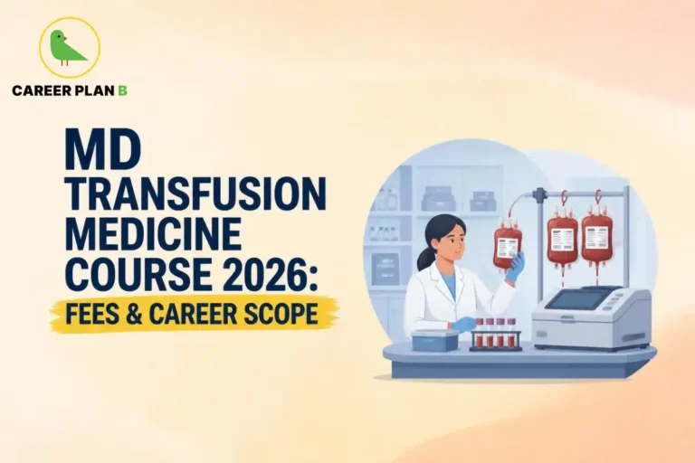 Educational infographic by Career Plan B titled "MD TRANSFUSION MEDICINE COURSE 2026: FEES & CAREER SCOPE". Top-left features the Career Plan B logo with a green bird inside a solid gold circular emblem with text below. Right side illustrates a medical researcher in a laboratory setting working with blood bags on a stand, blood testing equipment, and test tubes on a workbench.