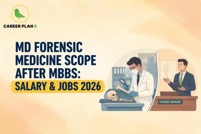 Educational infographic by Career Plan B titled "MD FORENSIC MEDICINE SCOPE AFTER MBBS: SALARY & JOBS 2026". Top-left features the Career Plan B logo with a green bird inside a solid gold circular emblem with text below. Right side illustrates a split-panel scene: the left panel shows a forensic expert examining skeletal remains with a magnifying glass in a laboratory, while the right panel shows a professional behind a "FORENSIC MEDICINE" desk presentation.
