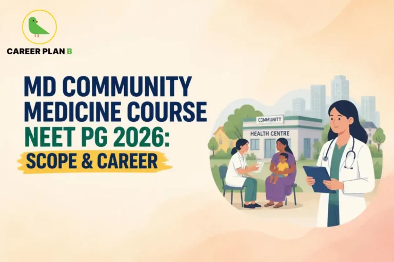 Educational infographic by Career Plan B titled "MD COMMUNITY MEDICINE COURSE NEET PG 2026: SCOPE & CAREER". Top-left features the Career Plan B logo with a green bird inside a solid gold circular emblem with text below. Right side illustrates a community health center building in the background, with a doctor holding a clipboard in the foreground and healthcare professionals interacting with a mother and child seated outdoors.
