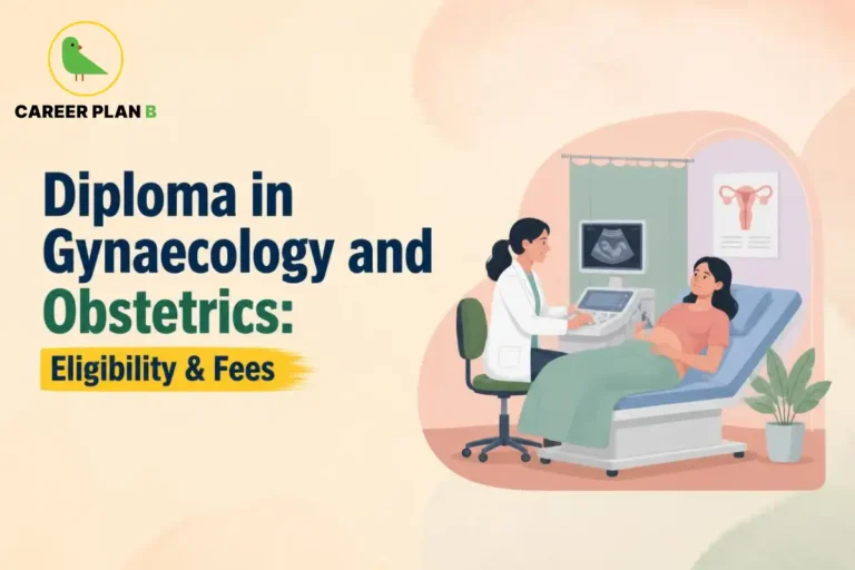 Educational infographic by Career Plan B titled "Diploma in Gynaecology and Obstetrics: Eligibility & Fees". Top-left features the Career Plan B logo with a green bird inside a solid gold circular emblem with text below. Right side illustrates a gynaecologist performing an ultrasound examination on a pregnant patient resting on an examination table in a clinic room, with an anatomical wall chart in the background.