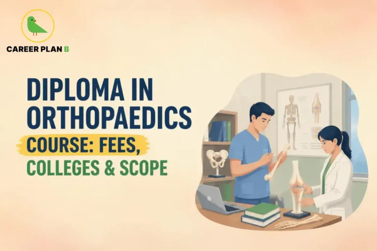 Educational infographic by Career Plan B titled "DIPLOMA IN ORTHOPAEDICS COURSE: FEES, COLLEGES & SCOPE". Top-left features the Career Plan B logo with a green bird inside a solid gold circular emblem with text below. Right side illustrates two orthopedic specialists examining skeletal models and bone structures in a clinic room, with anatomical wall charts and medical textbooks on a desk in the background.