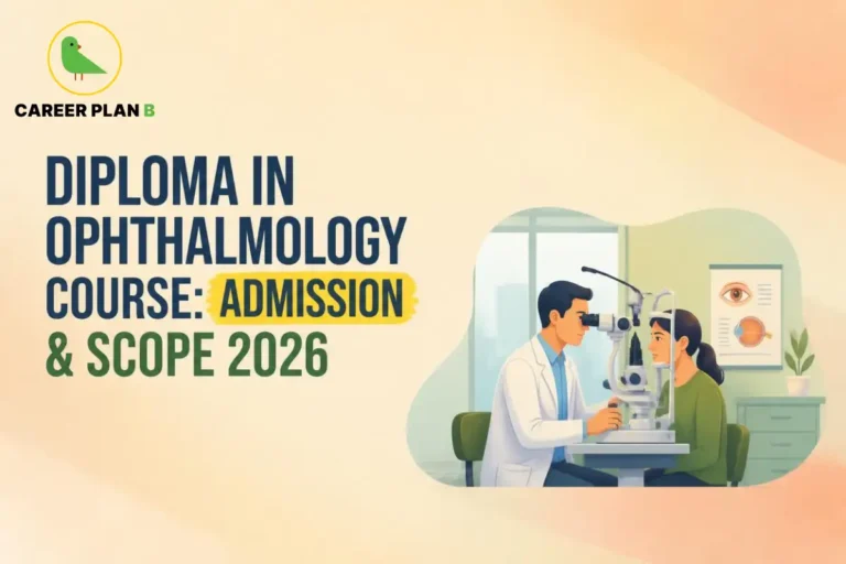 Educational infographic by Career Plan B titled "DIPLOMA IN OPHTHALMOLOGY COURSE: ADMISSION & SCOPE 2026". Top-left features the Career Plan B logo with a green bird inside a solid gold circular emblem with text below. Right side illustrates an ophthalmologist examining a patient's eyes using a slit-lamp machine in an eye clinic, with an eye chart diagram on the wall in the background.